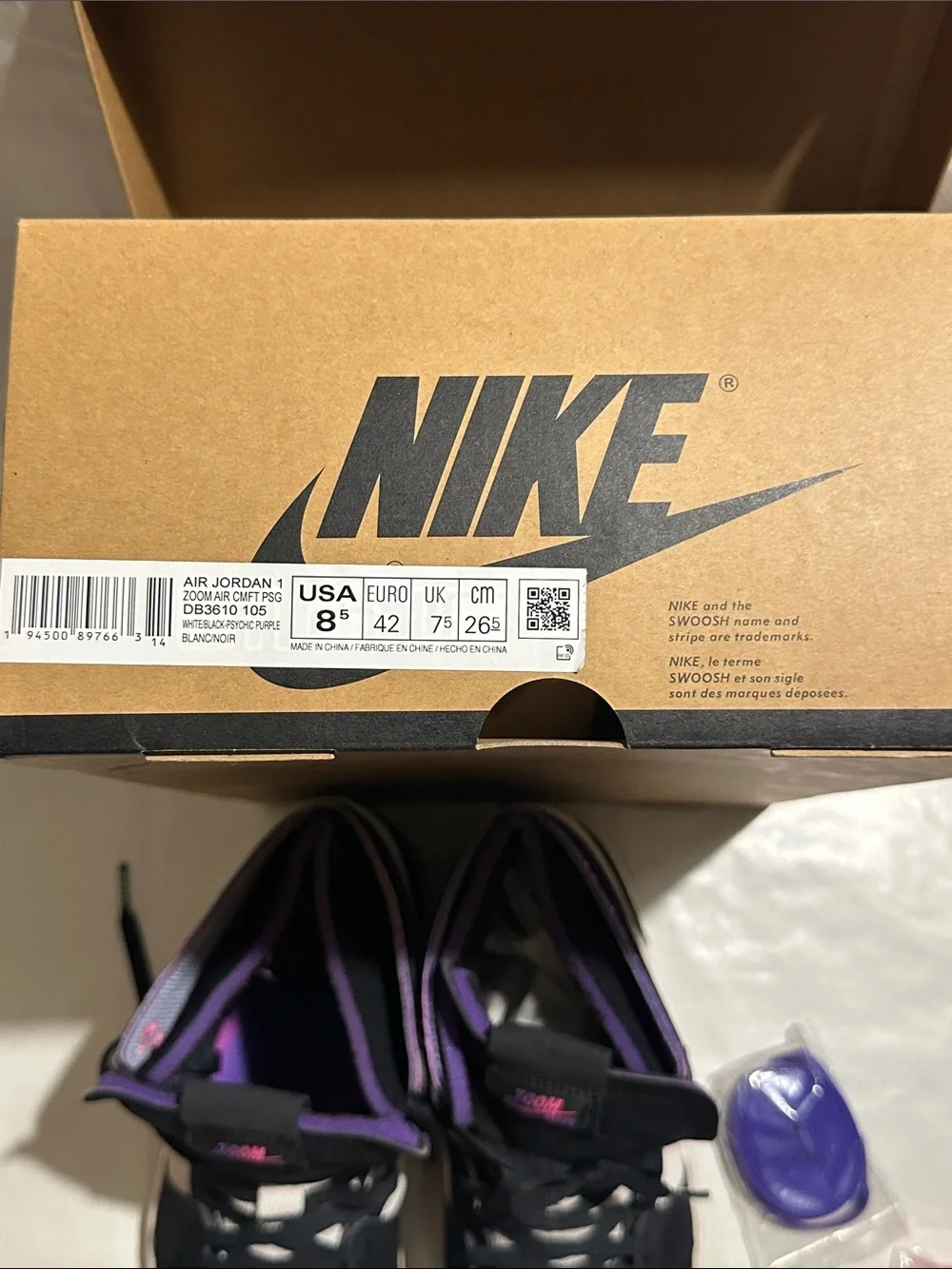Nike PSG Jordan 1’s — Black, White & Purple Iridescent Swoosh